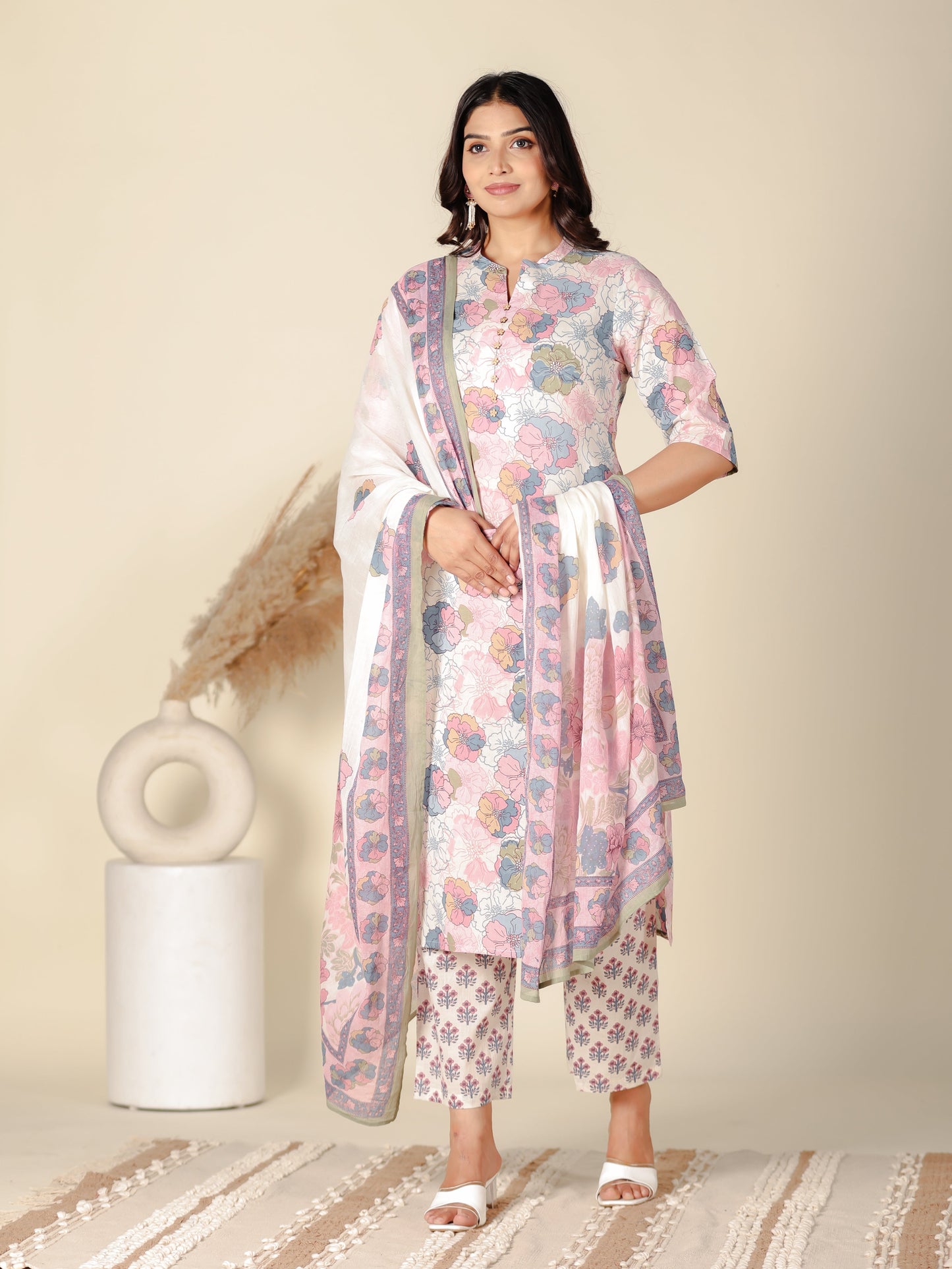 Soft Cotton Floral A-Line White Kurta