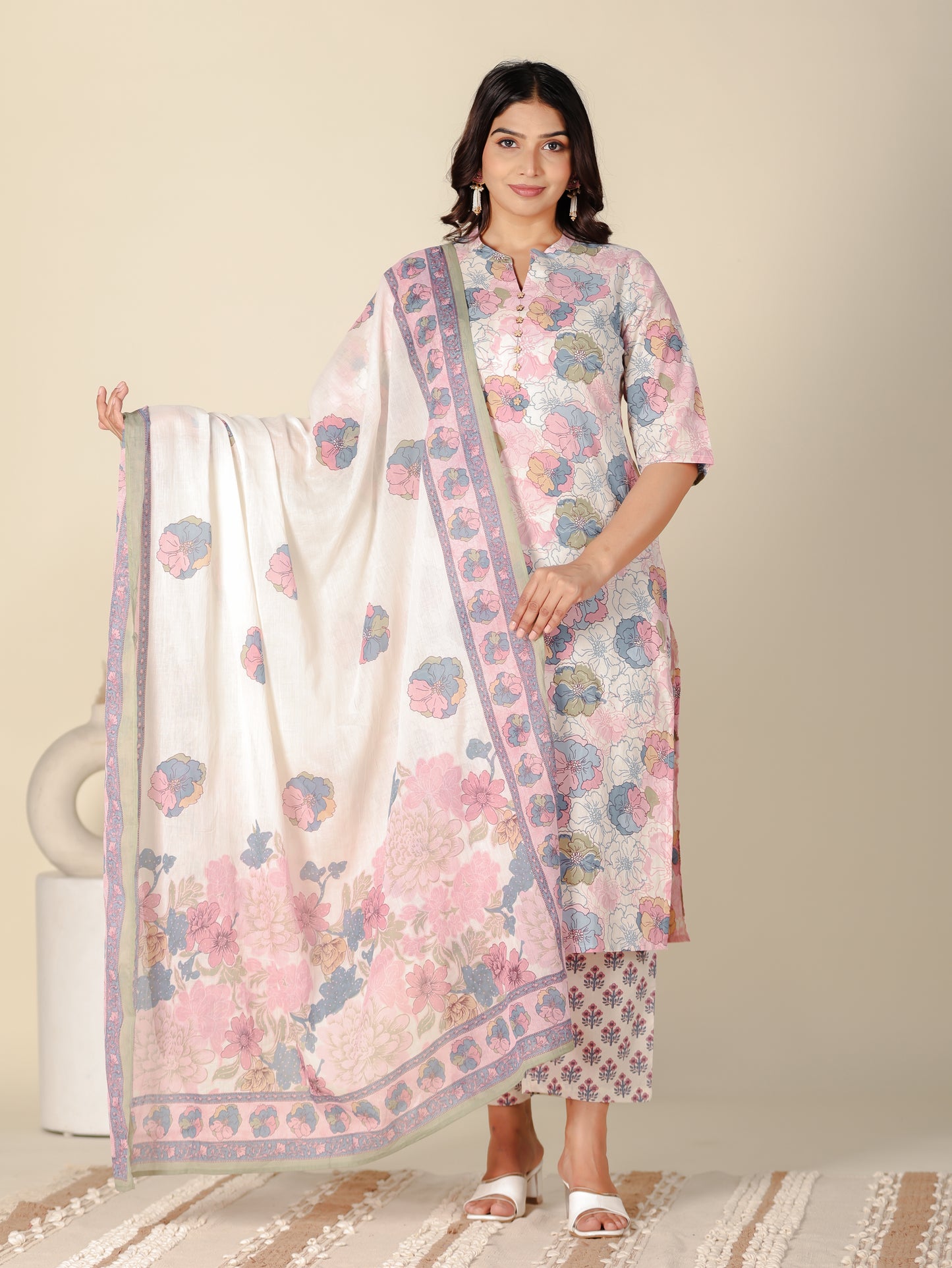 Soft Cotton Floral Flared White Kurta