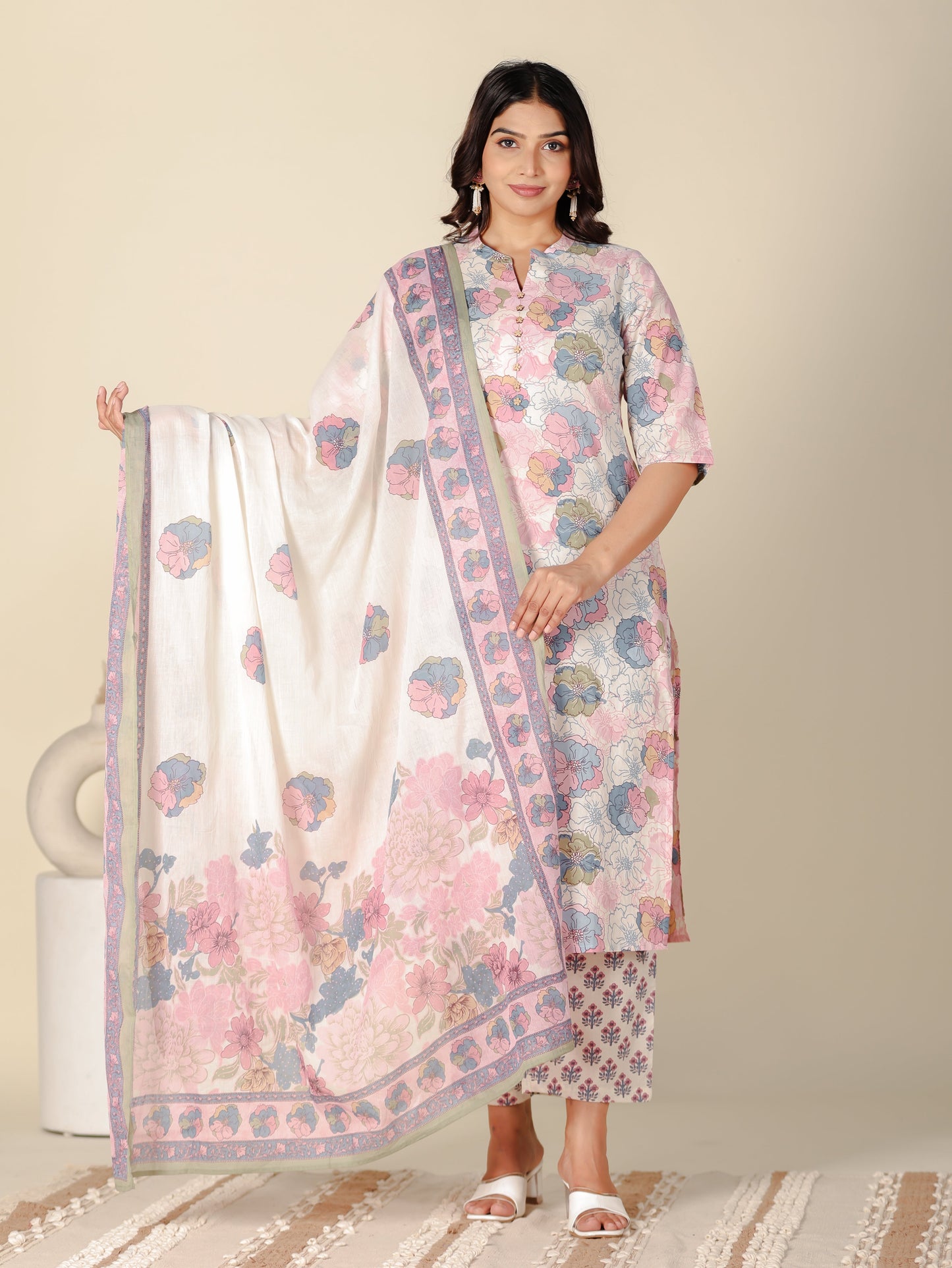 Soft Cotton Floral A-Line White Kurta