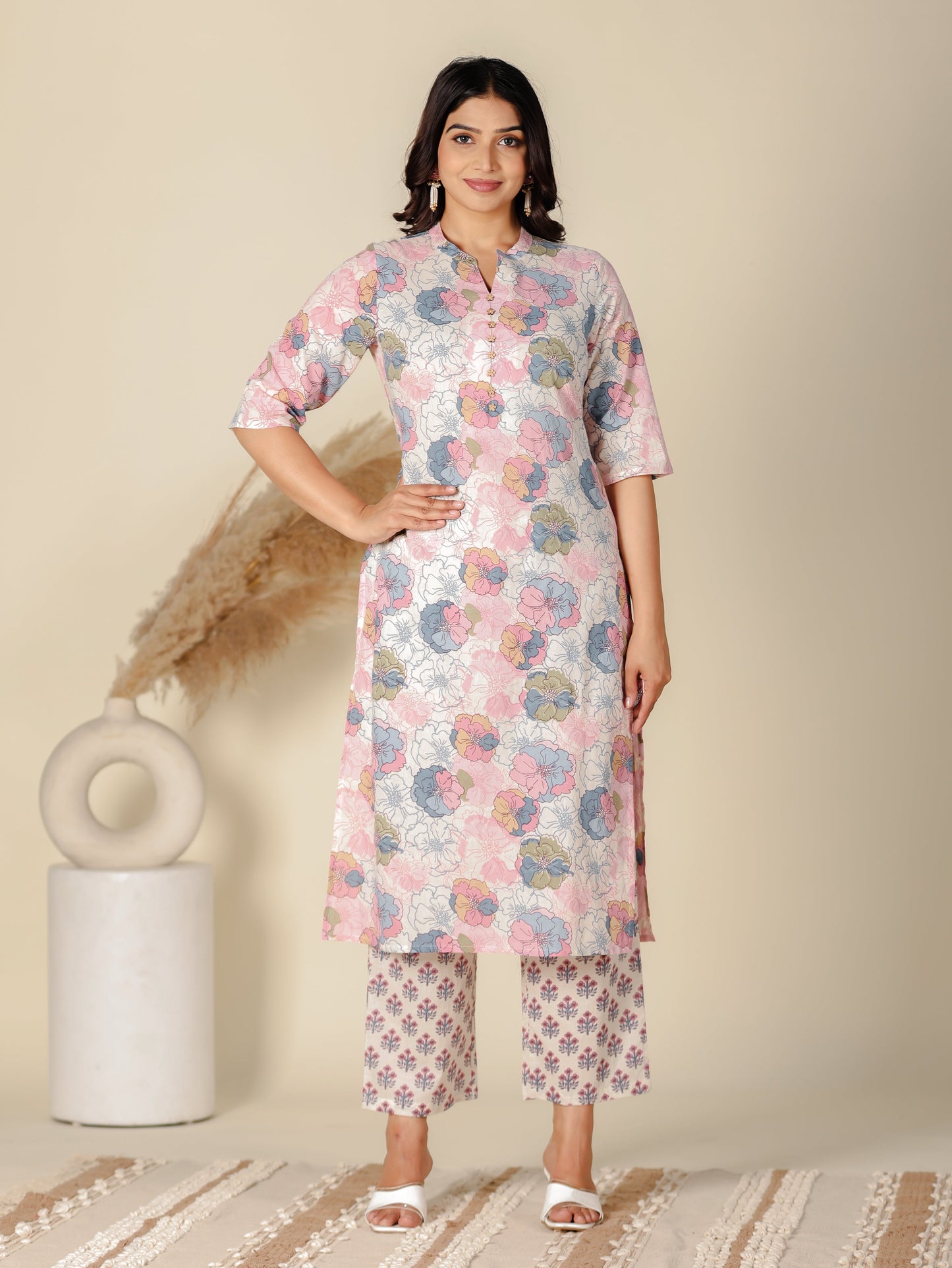 Soft Cotton Floral A-Line White Kurta