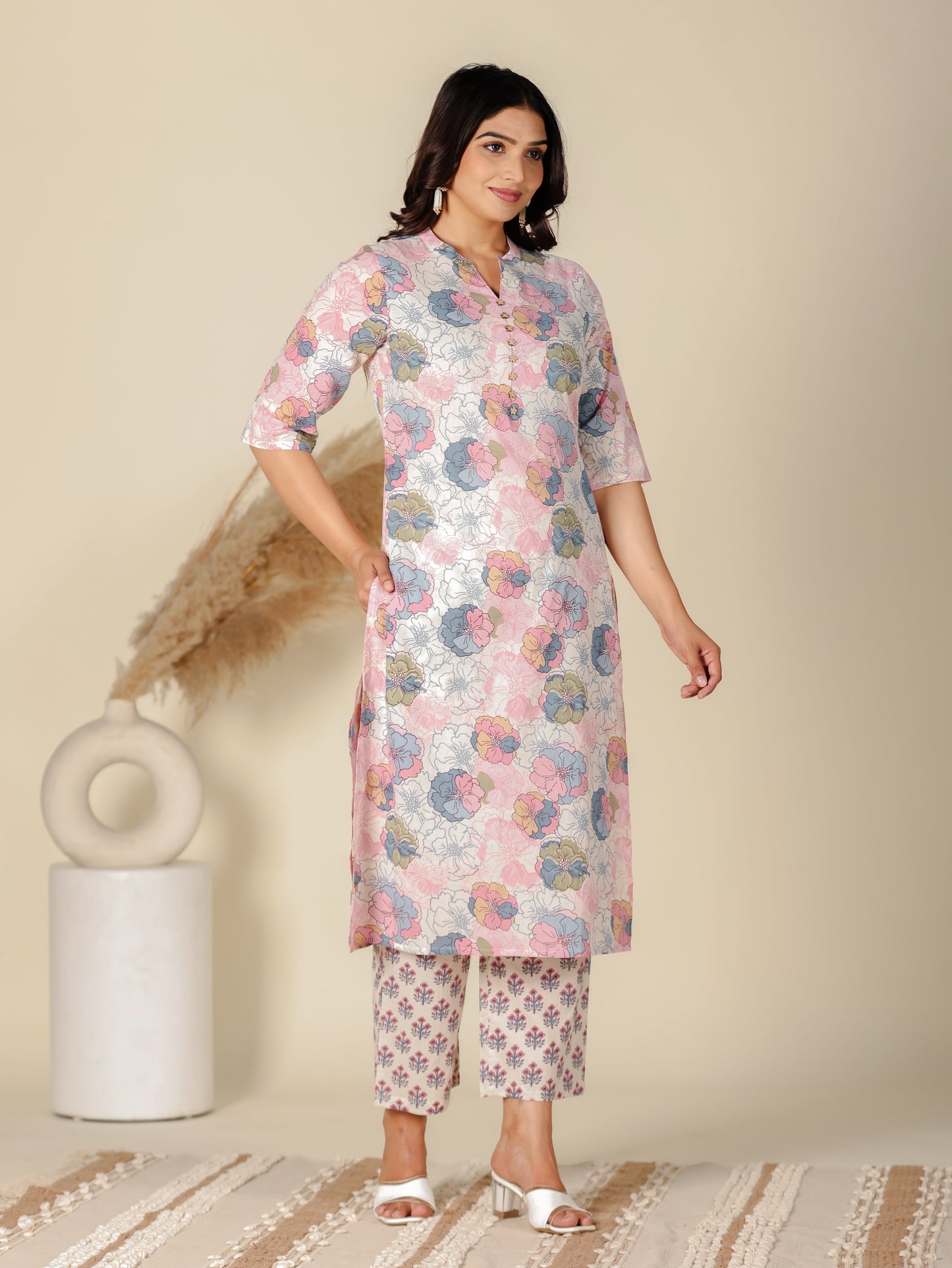 Soft Cotton Floral A-Line White Kurta
