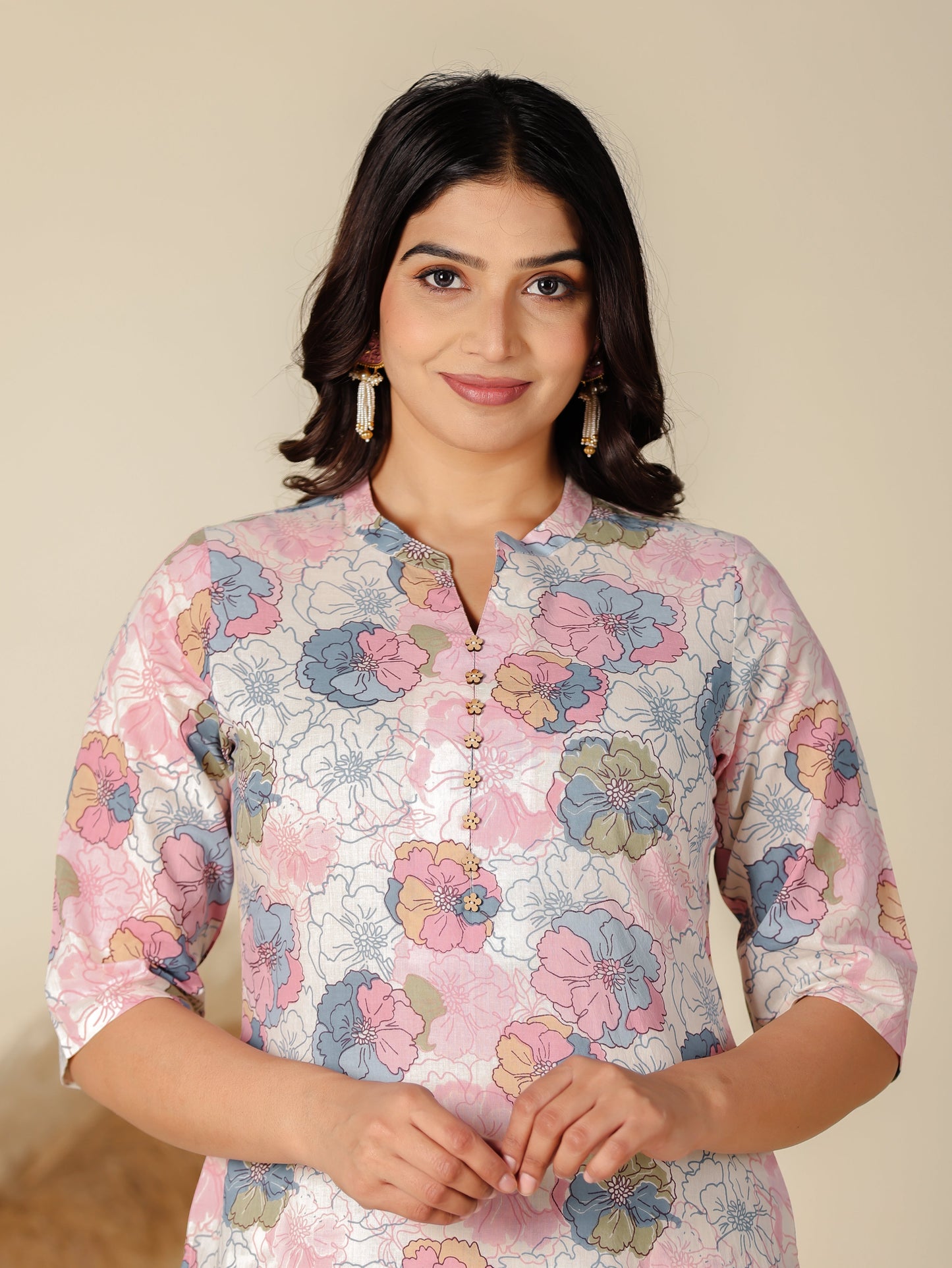 Soft Cotton Floral A-Line White Kurta