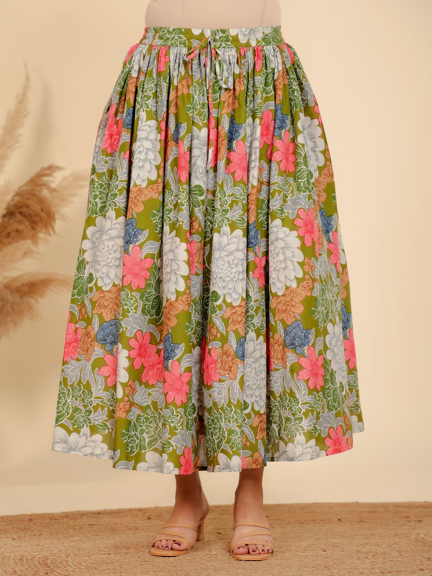 Soft Cotton Floral Green Skirt