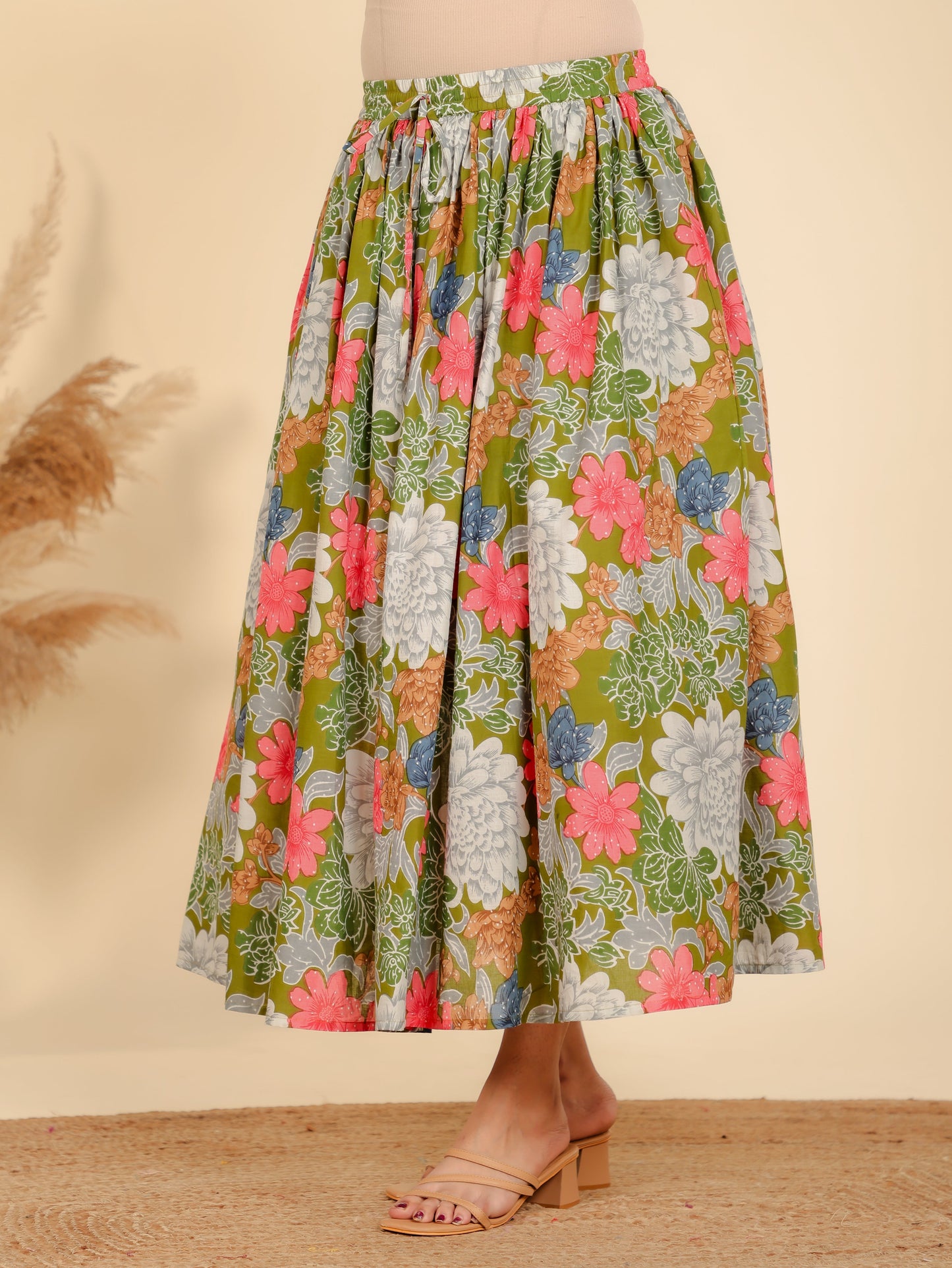 Soft Cotton Floral Green Skirt