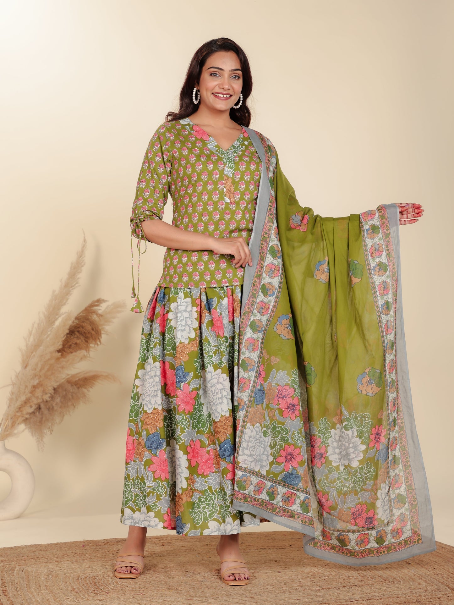 Voile Cotton Floral Green Dupatta