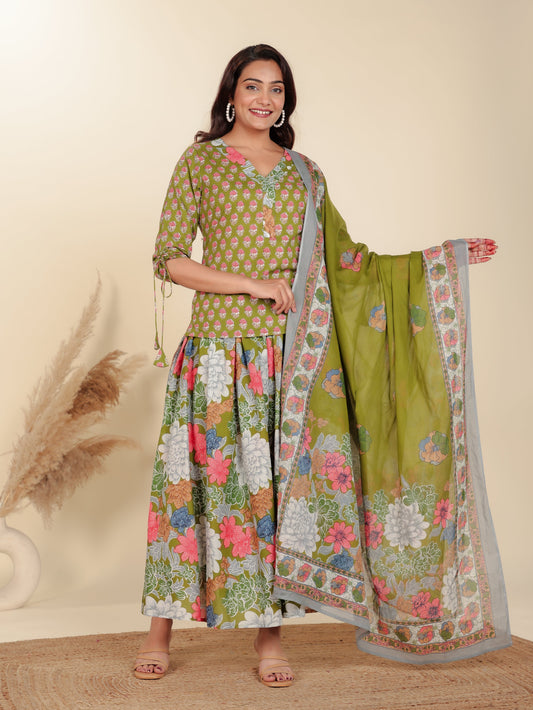 Voile Cotton Floral Green Dupatta