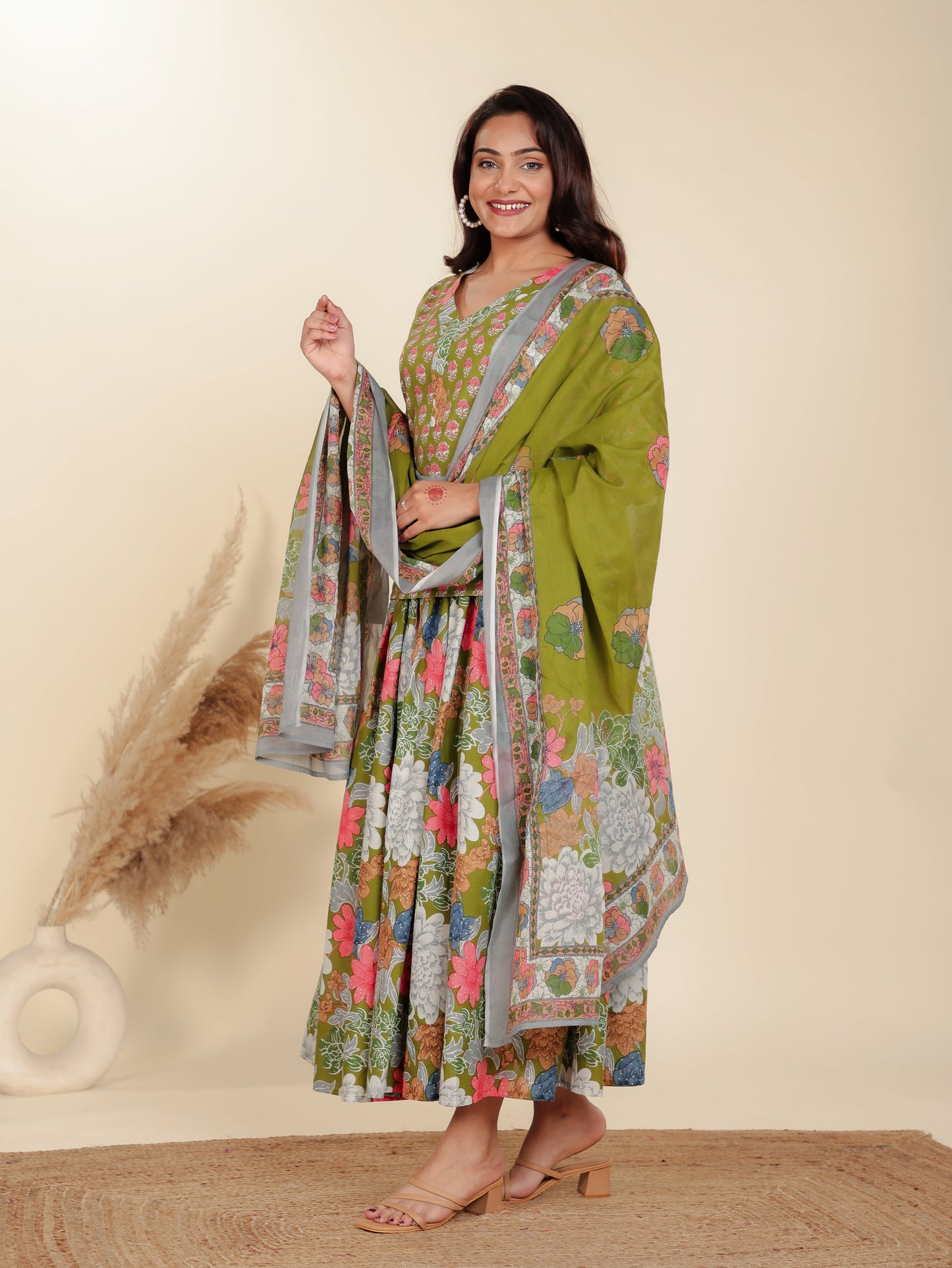 Soft Cotton Floral Green Kurta