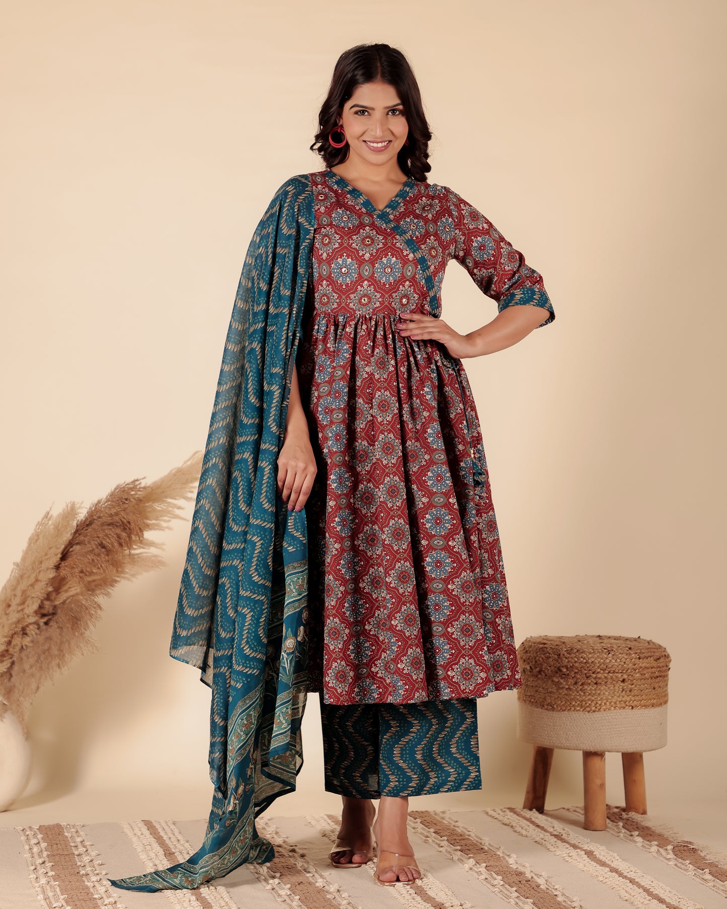Soft Cotton Geometric Angrakha Red Kurta