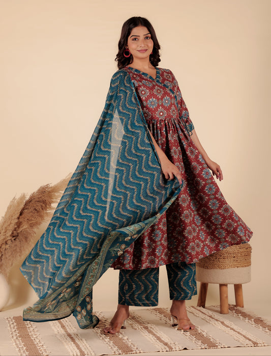 Soft Cotton Geometric Angrakha Red Kurta