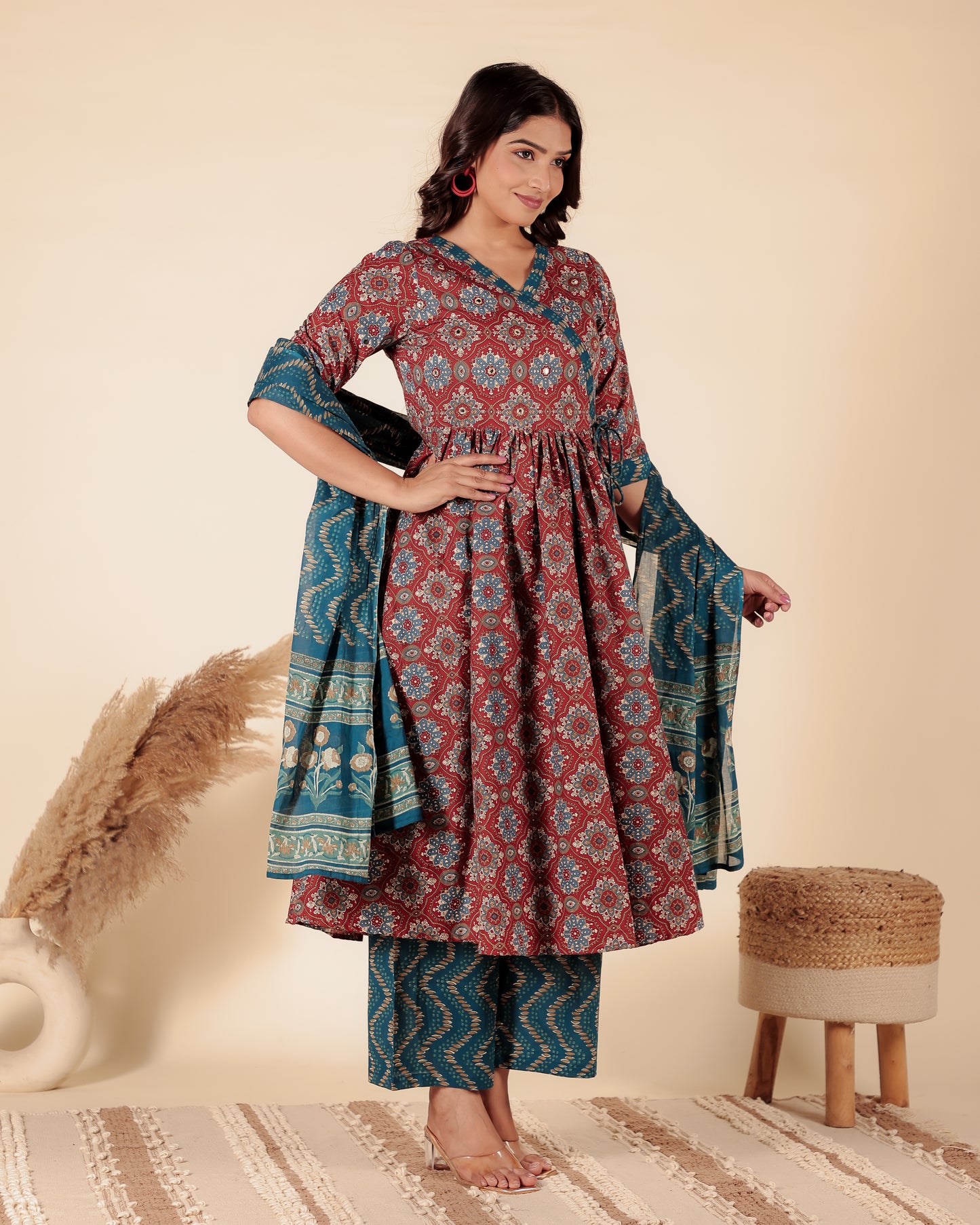 Soft Cotton Geometric Angrakha Red Kurta