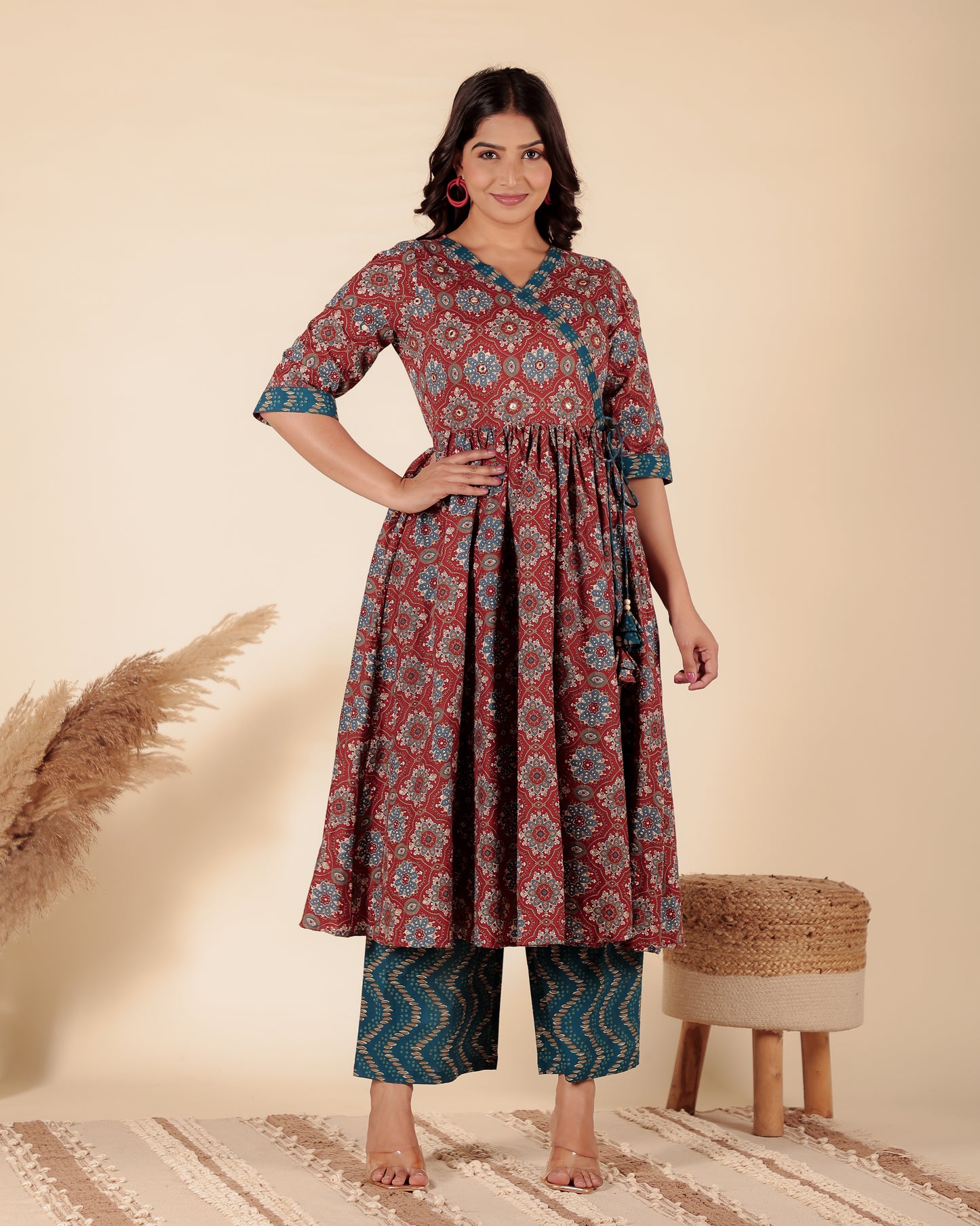Soft Cotton Geometric Angrakha Red Kurta