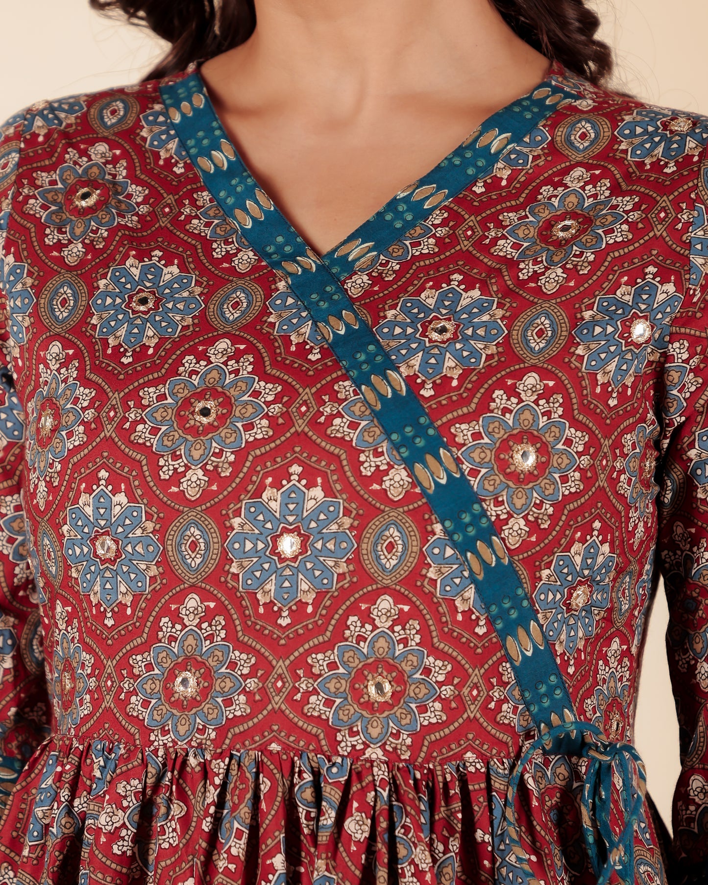Soft Cotton Geometric Angrakha Red Kurta