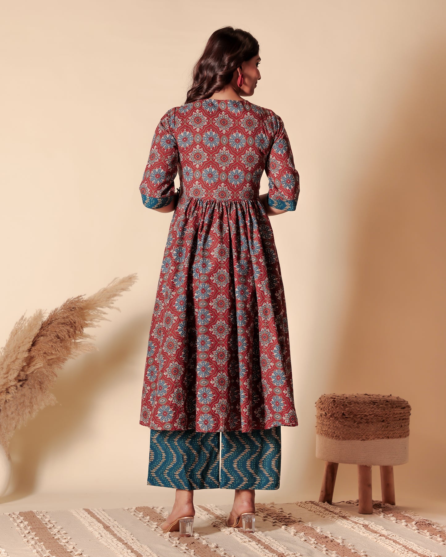 Soft Cotton Geometric Angrakha Red Kurta