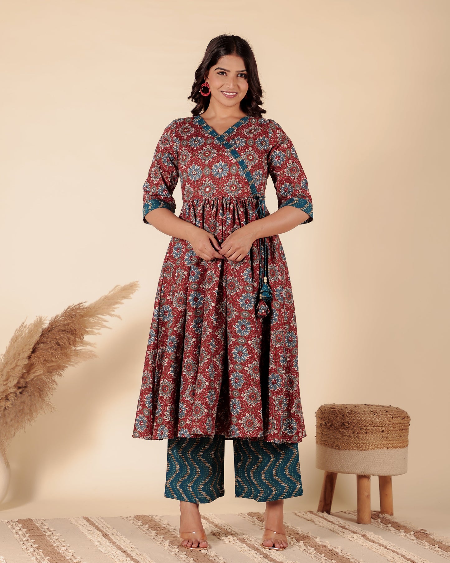Soft Cotton Geometric Angrakha Red Kurta