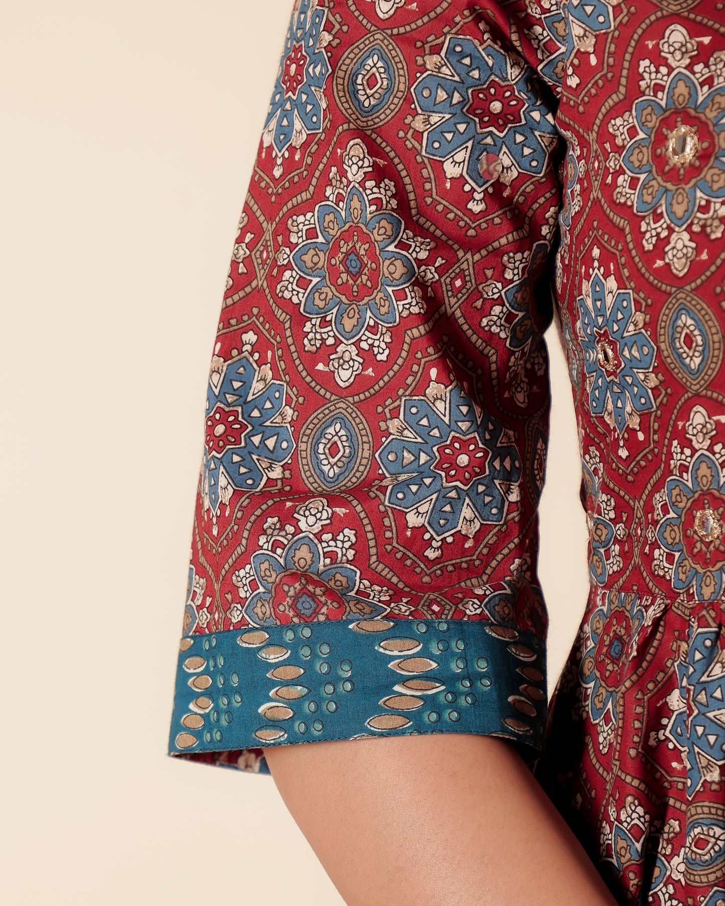 Soft Cotton Geometric Angrakha Red Kurta