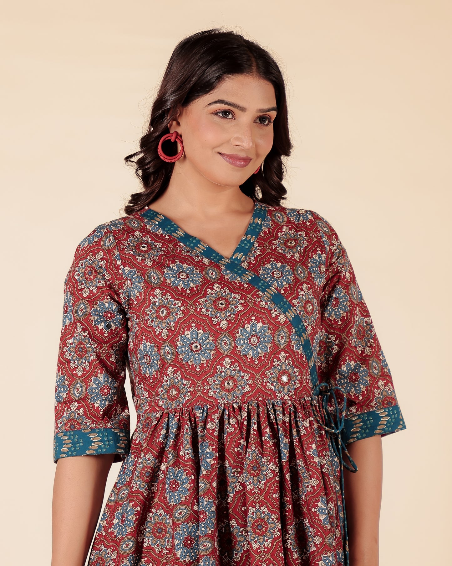 Soft Cotton Geometric Angrakha Red Kurta