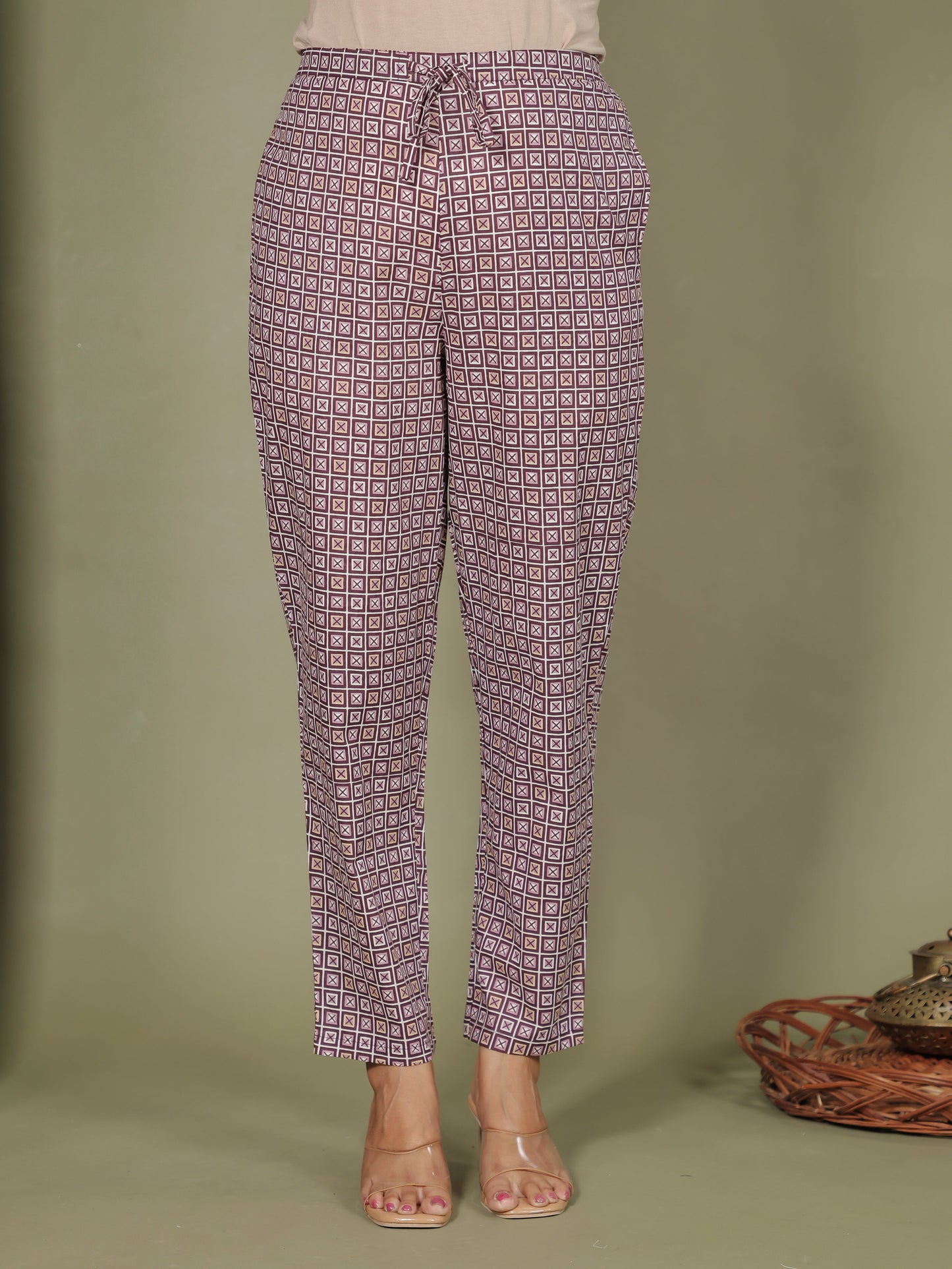Soft Cotton Geometric Purple Tapered Trousers