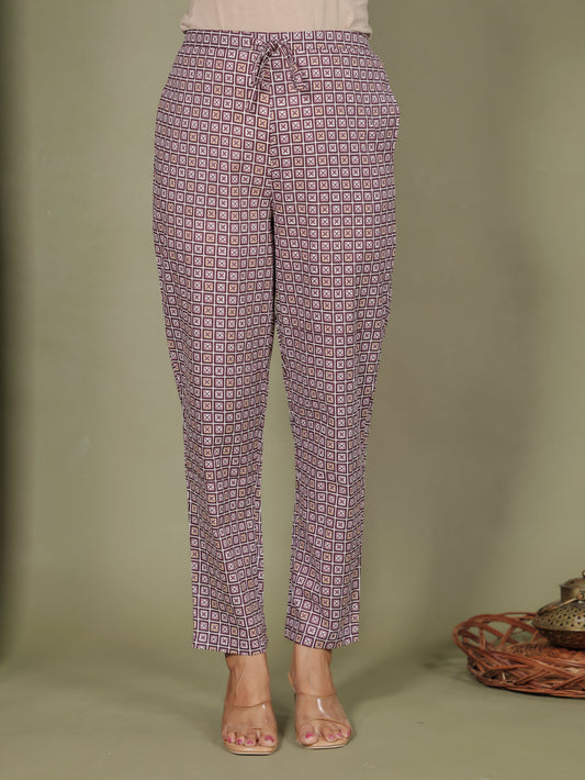 Soft Cotton Geometric Purple Tapered Trousers
