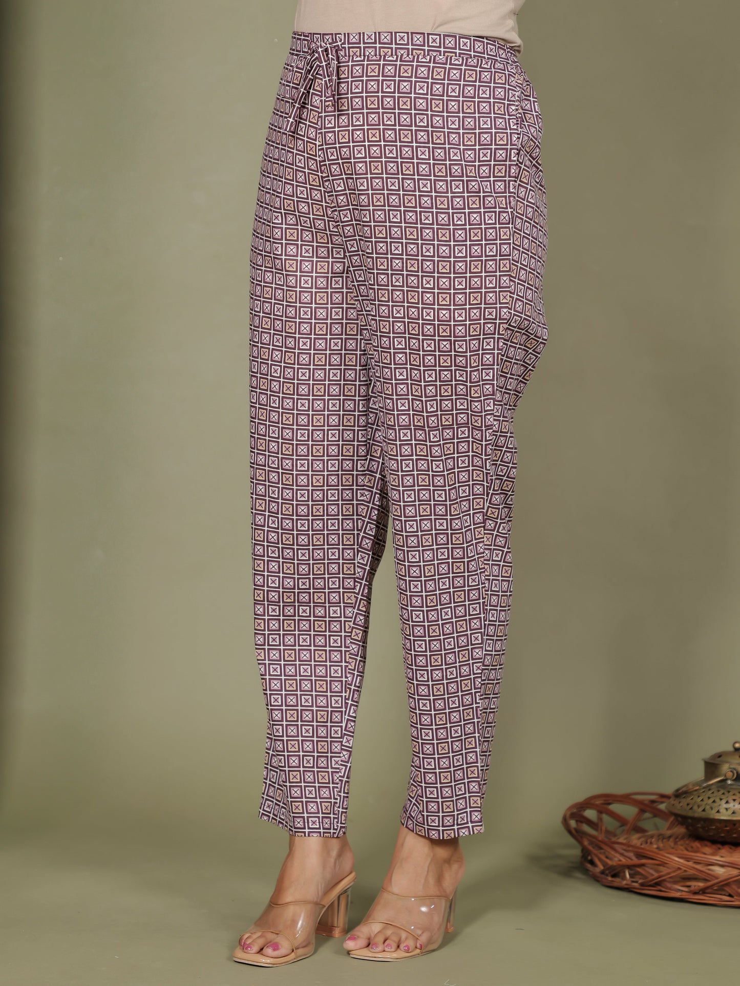 Soft Cotton Geometric Purple Tapered Trousers