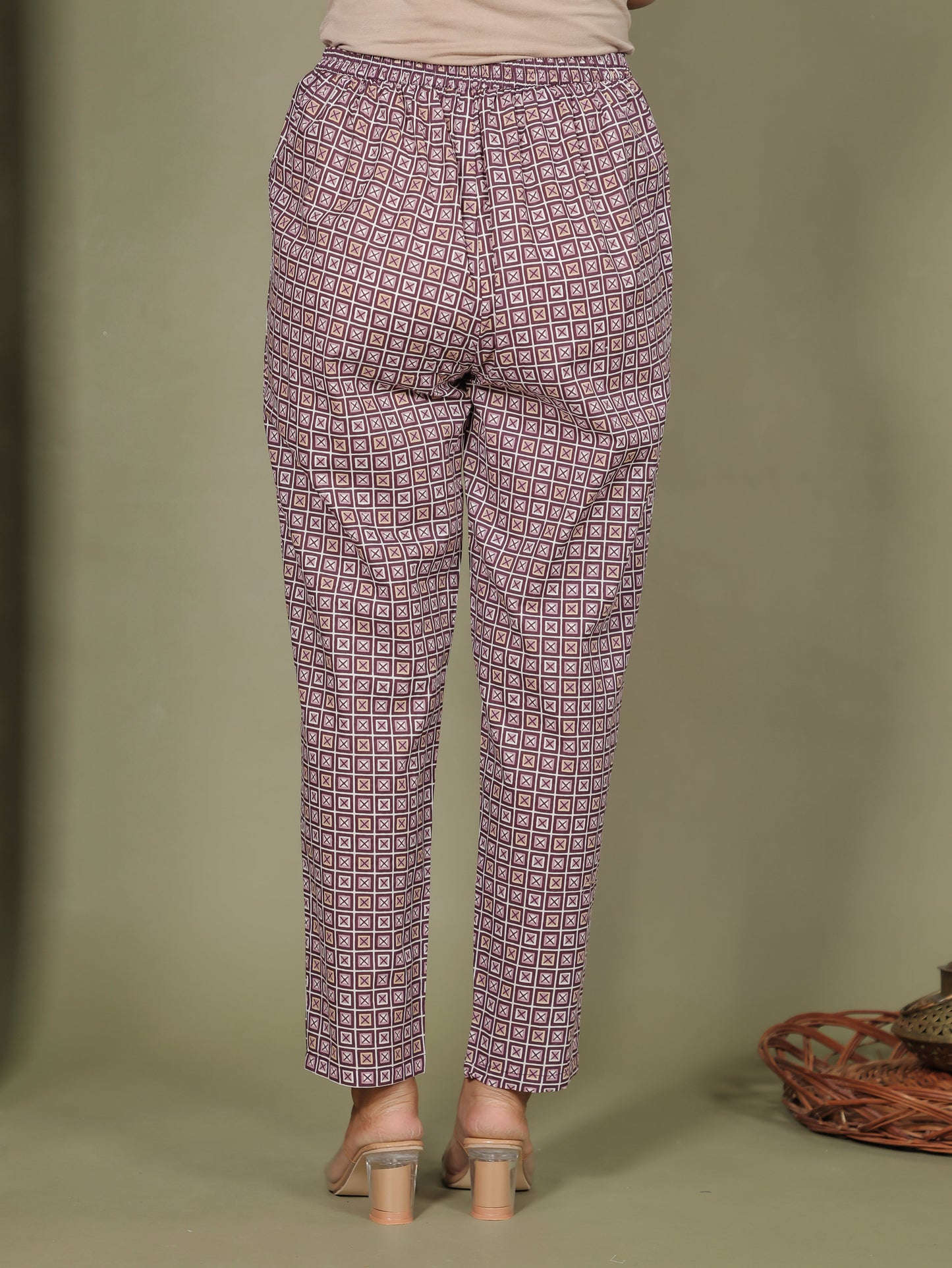 Soft Cotton Geometric Purple Tapered Trousers