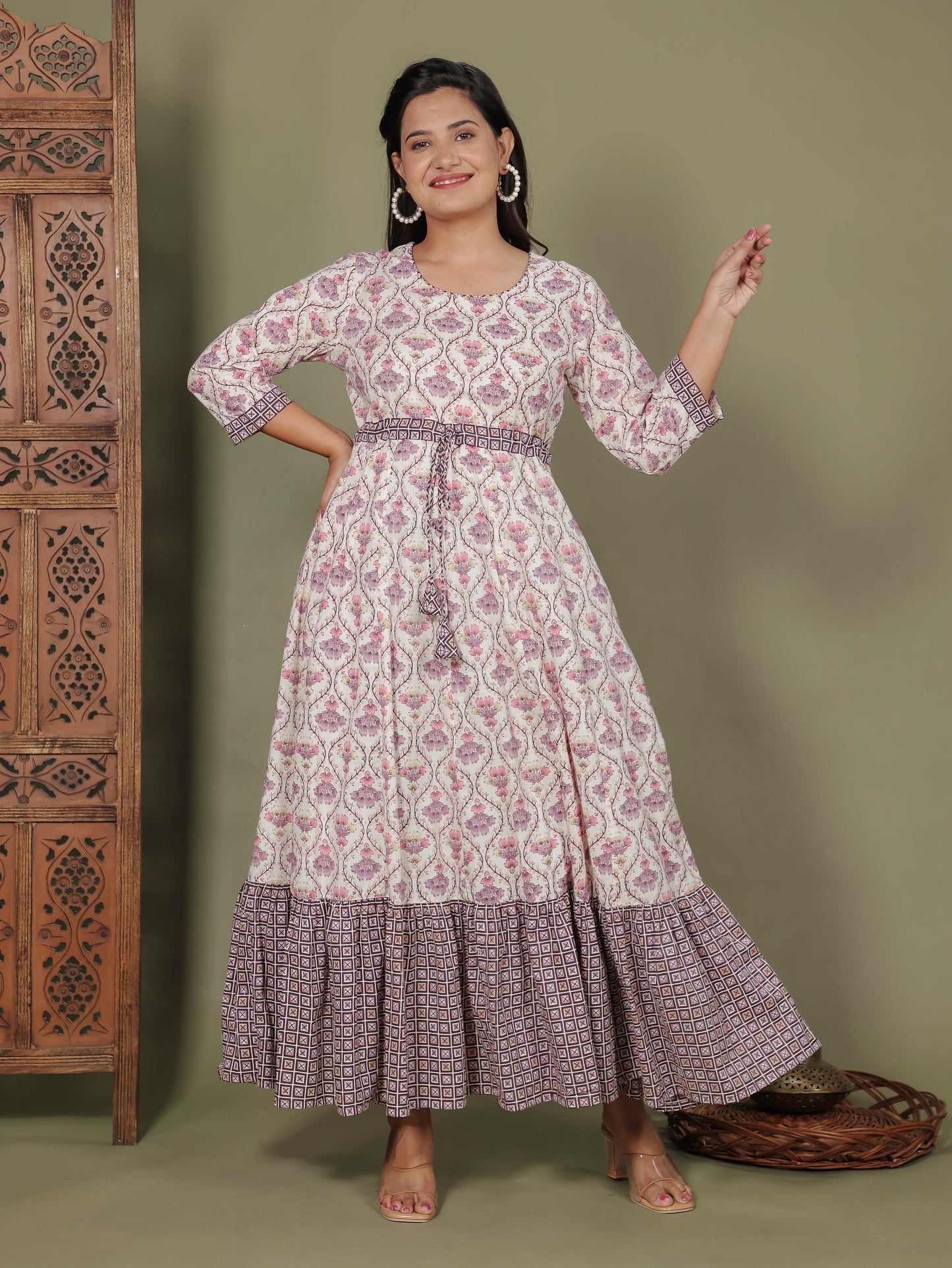 Soft Cotton Floral Anarkali White Kurta