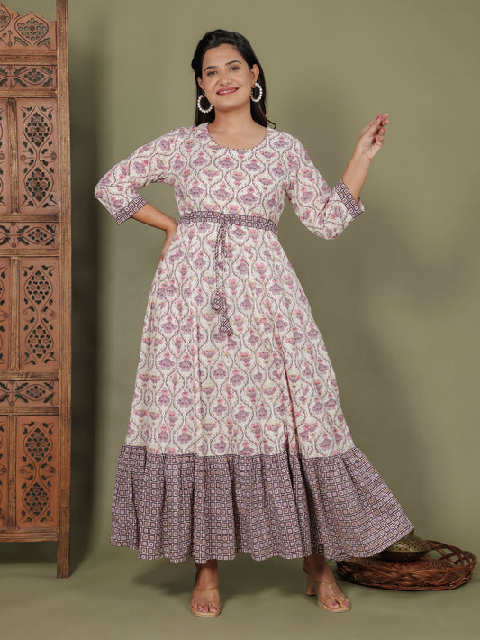 Soft Cotton Floral Anarkali White Kurta