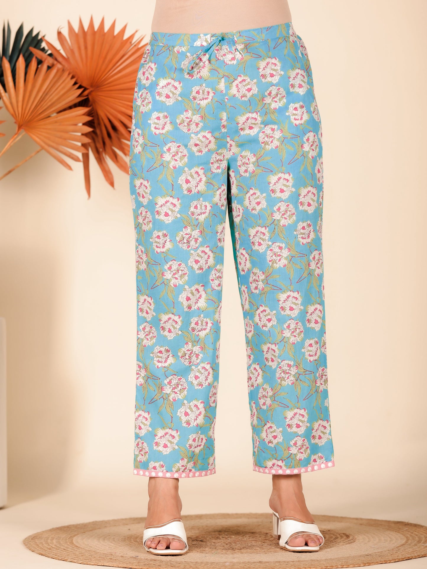 Embroidered Soft Cotton Floral Turquoise Straight Trousers