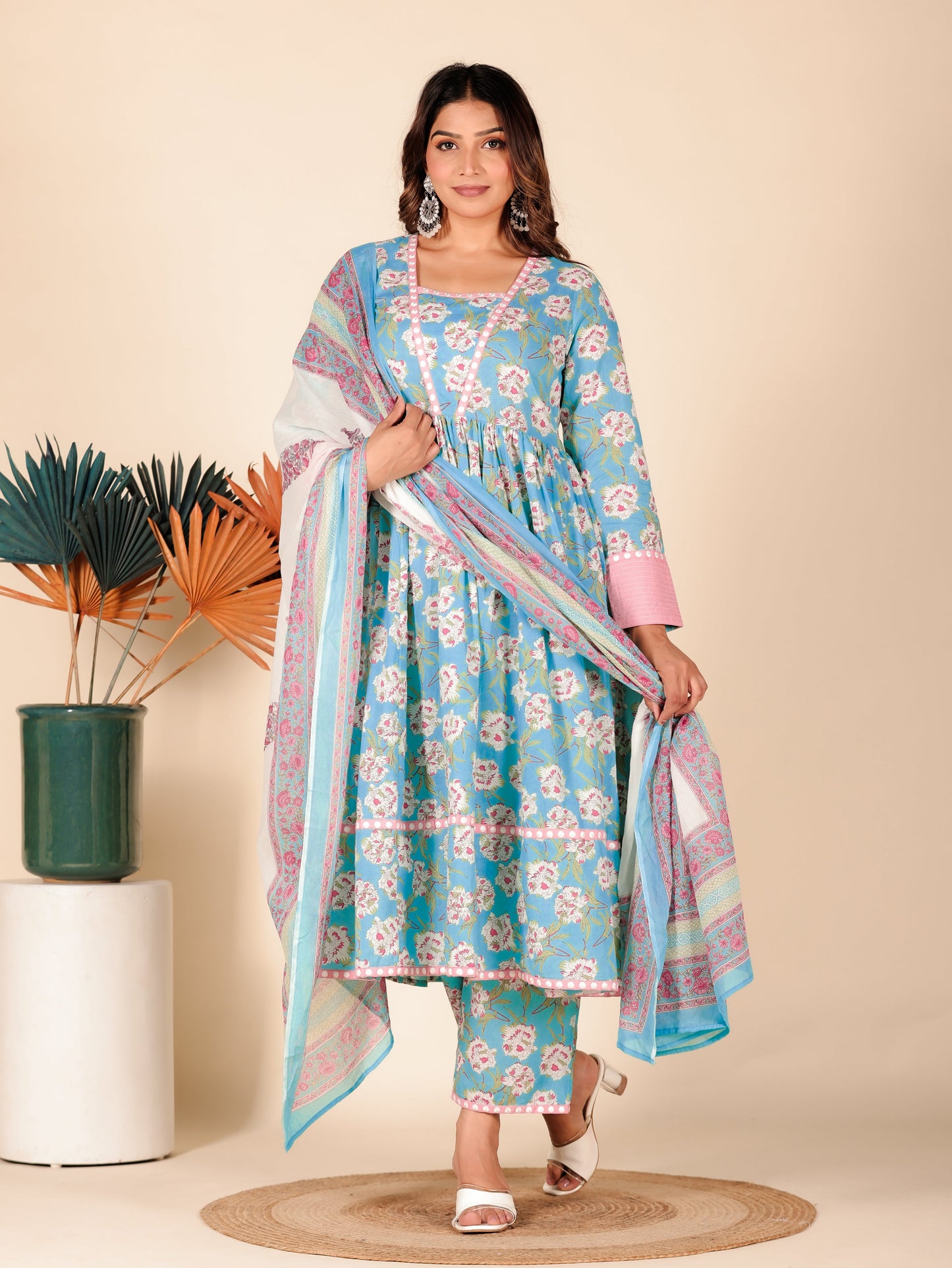 Embroidered Soft Cotton Floral Anarkali Turquoise Kurta