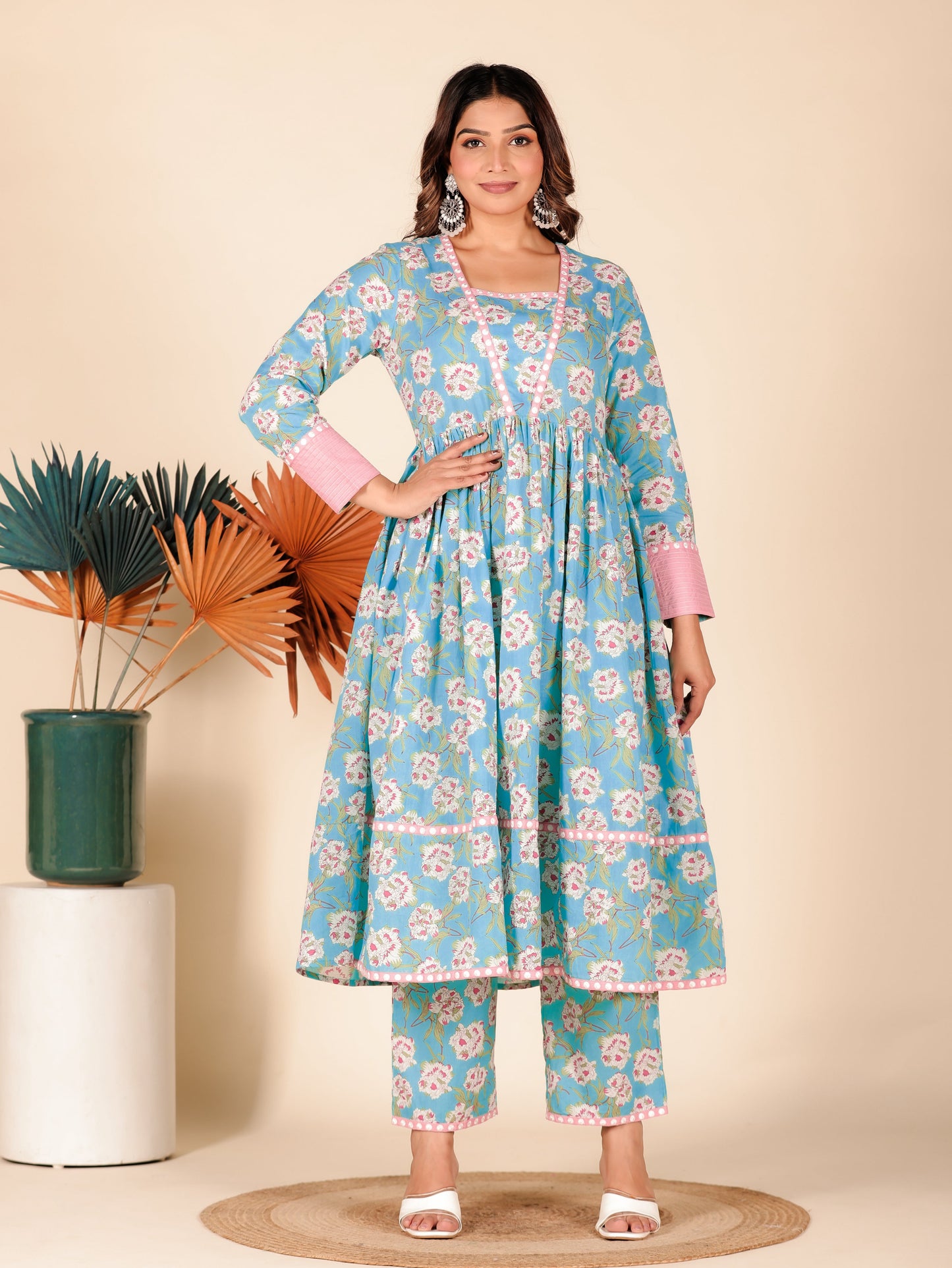 Embroidered Soft Cotton Floral Anarkali Turquoise Kurta