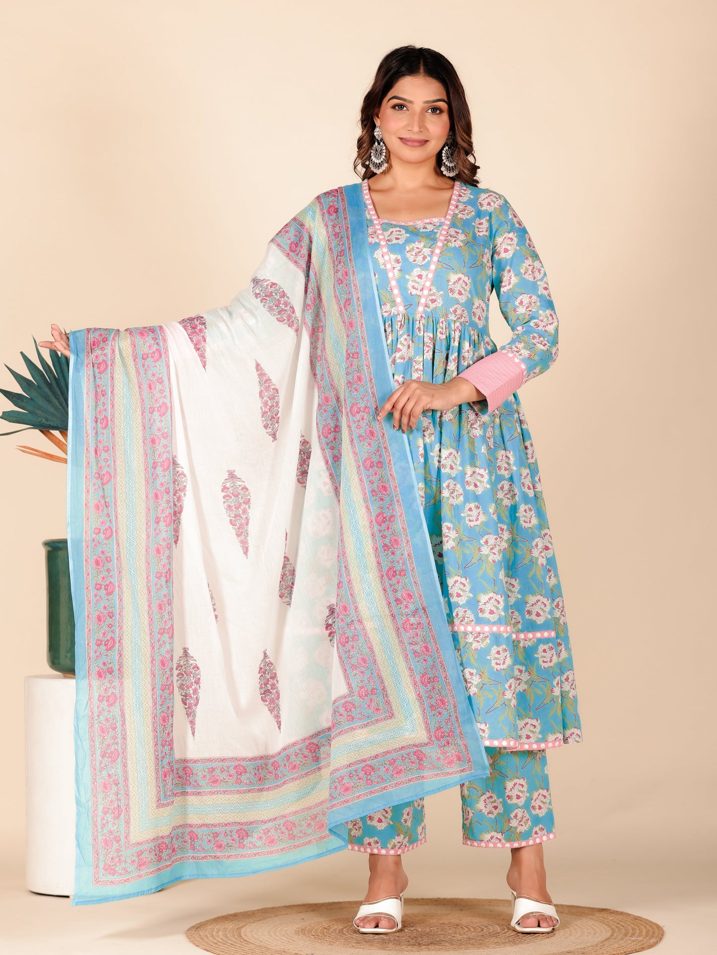 Embroidered Soft Cotton Floral Anarkali Turquoise Kurta