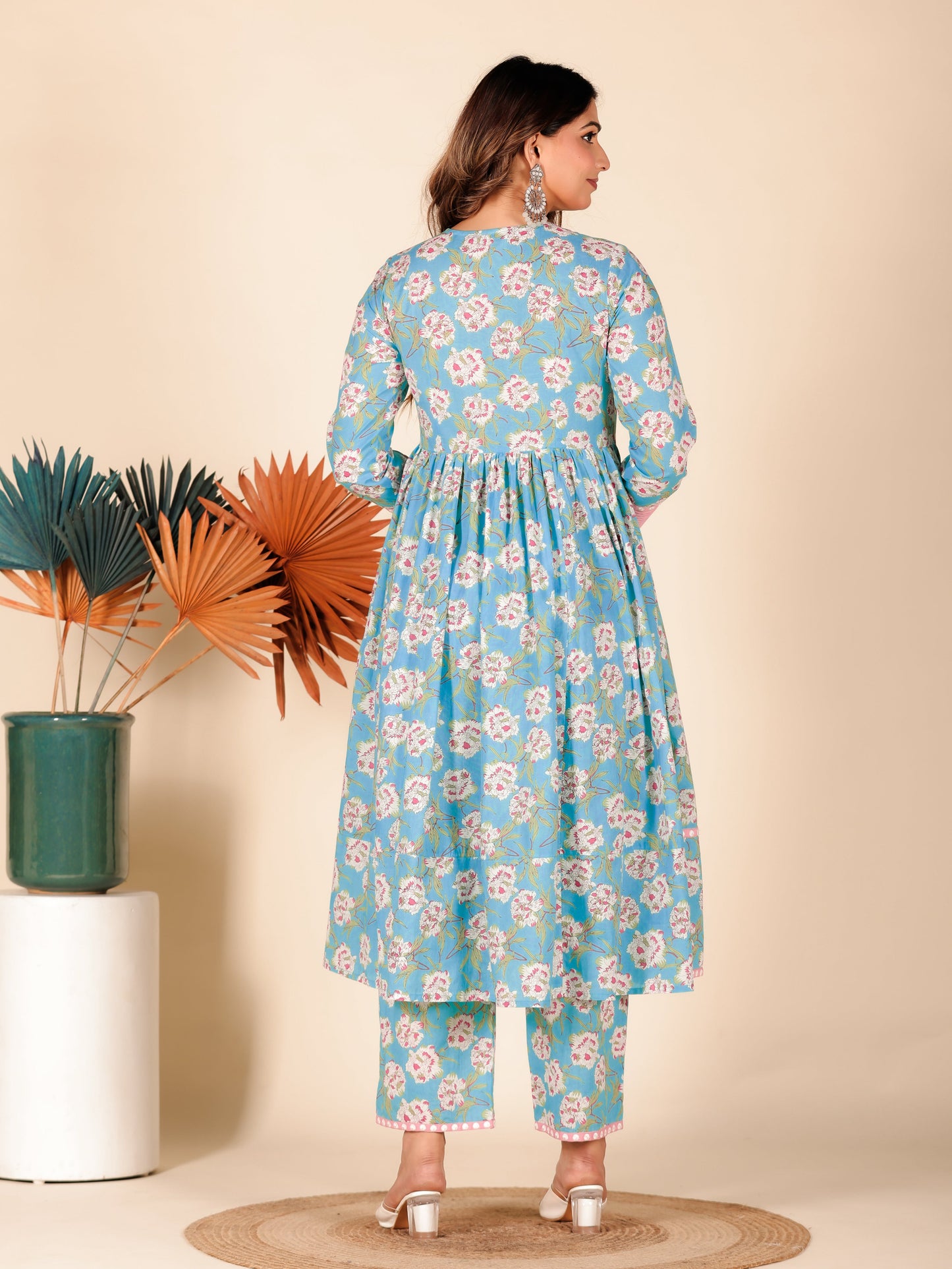 Embroidered Soft Cotton Floral Anarkali Turquoise Kurta