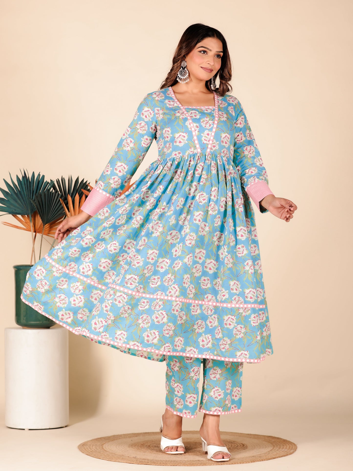 Embroidered Soft Cotton Floral Anarkali Turquoise Kurta