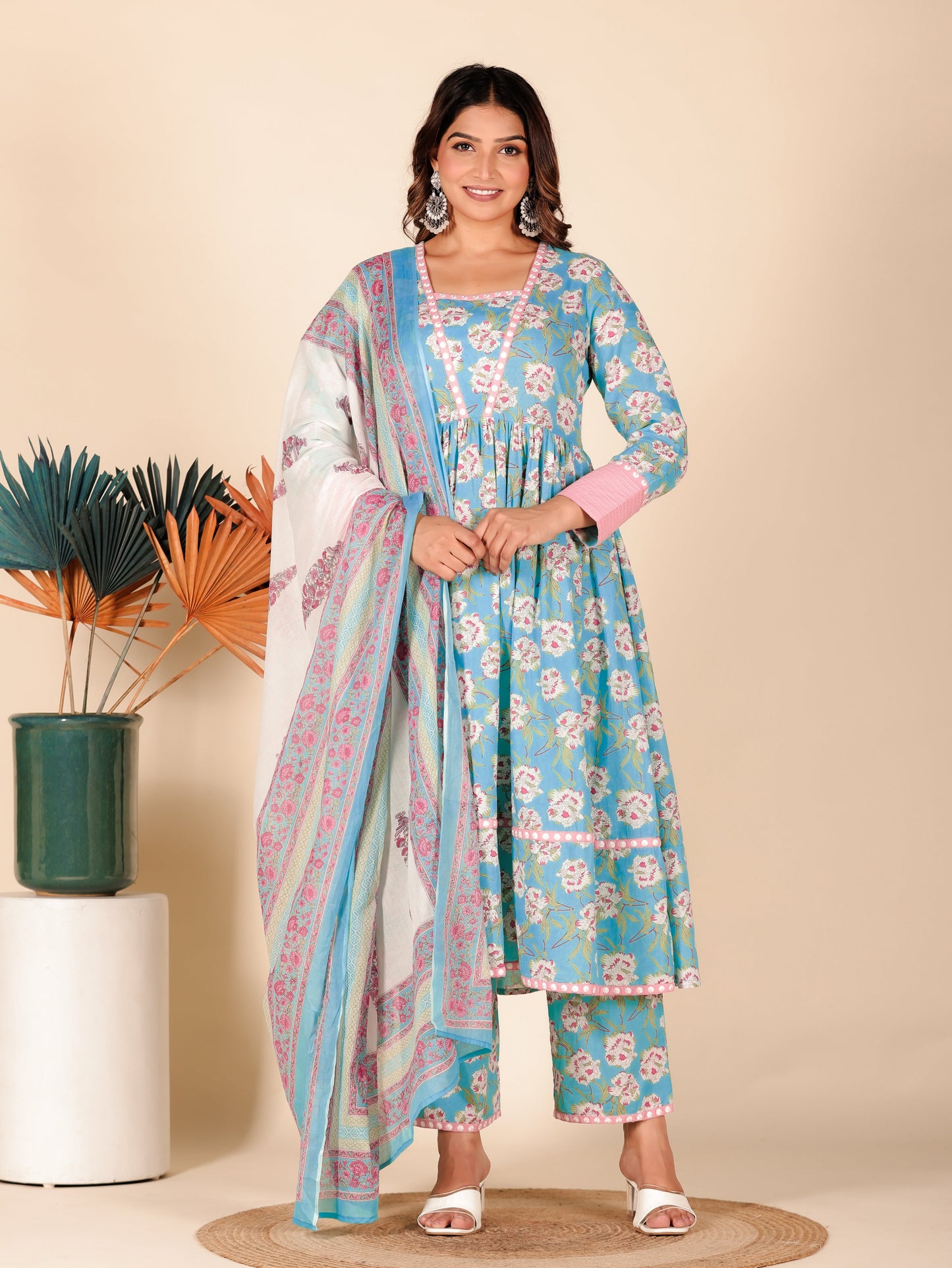 Embroidered Soft Cotton Floral Anarkali Turquoise Kurta
