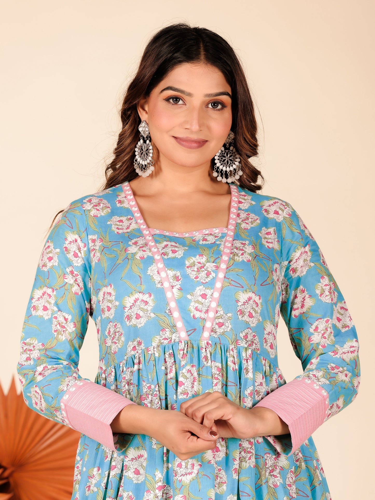 Embroidered Soft Cotton Floral Anarkali Turquoise Kurta
