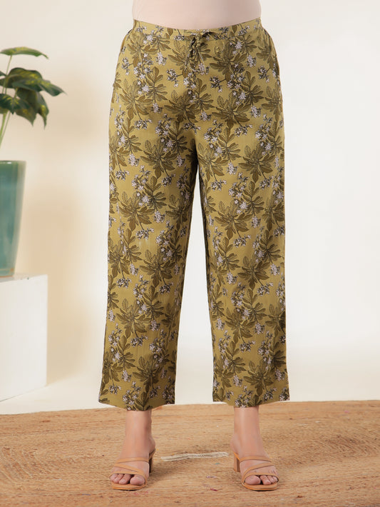Soft Cotton Floral Green Straight Trousers