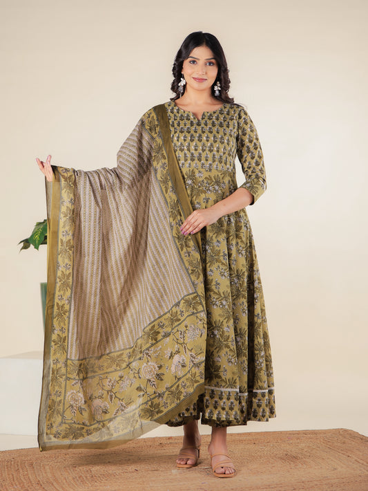 Soft Cotton Floral Anarkali Green Kurta