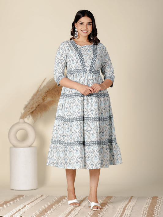 Soft Cotton Geometric Anarkali White Kurta