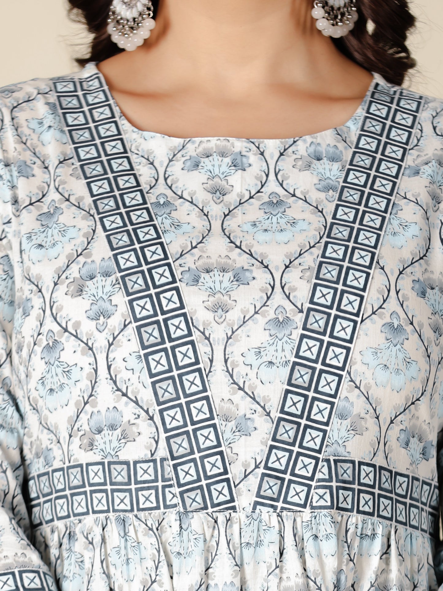 Soft Cotton Geometric Anarkali White Kurta