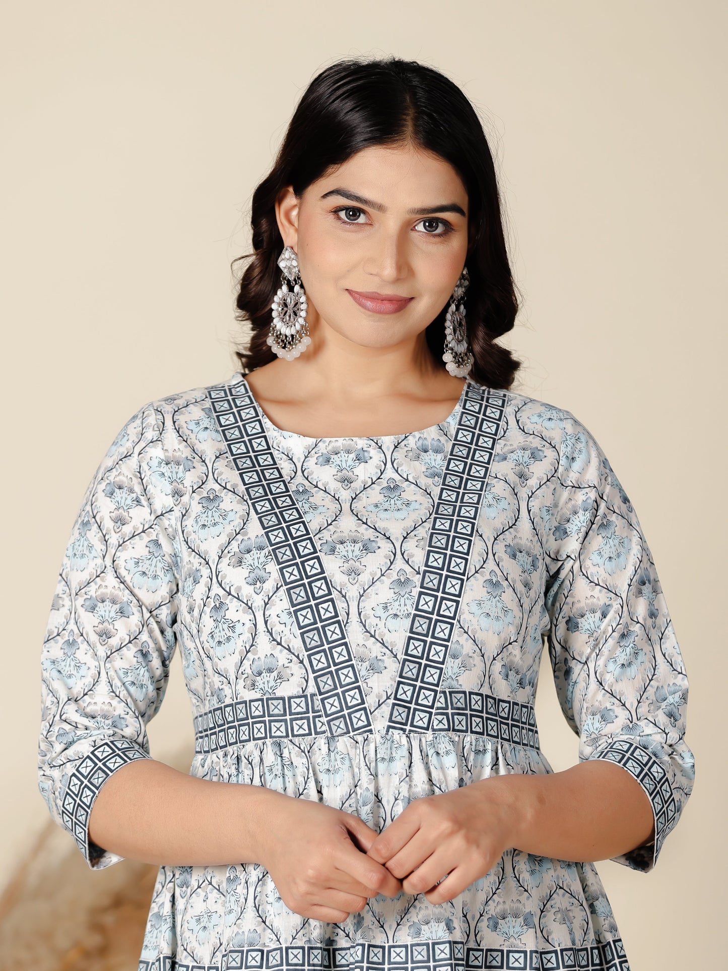 Soft Cotton Geometric Anarkali White Kurta