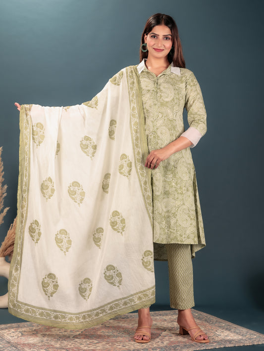 Soft Cotton Paisley High Low Green Kurta