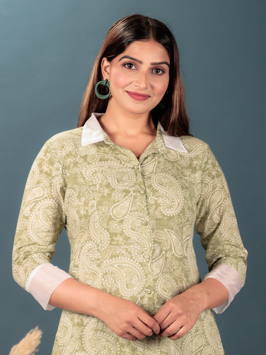 Soft Cotton Paisley High Low Green Kurta