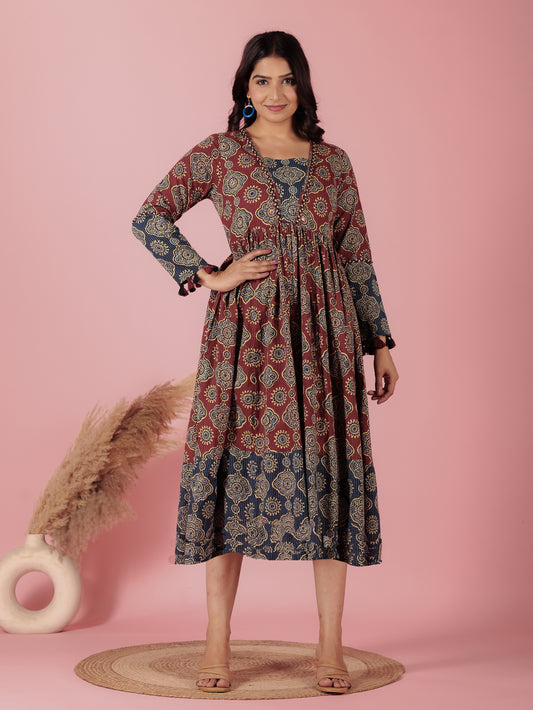 Embroidered Kantha Cotton Geometric Anarkali Rust Dress