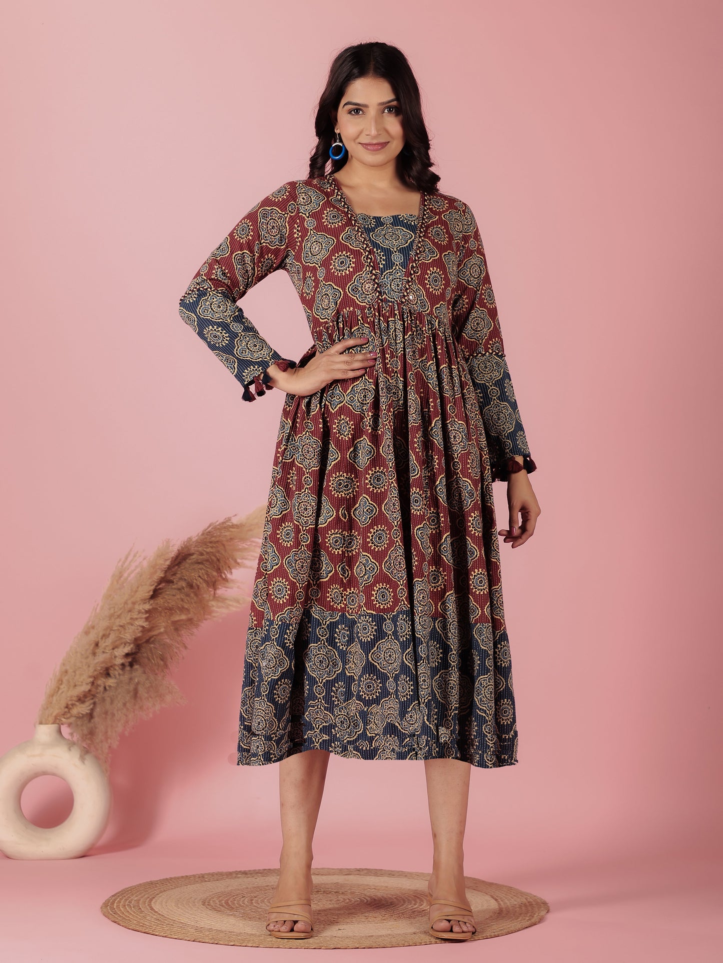 Embroidered Kantha Cotton Geometric Anarkali Rust Dress