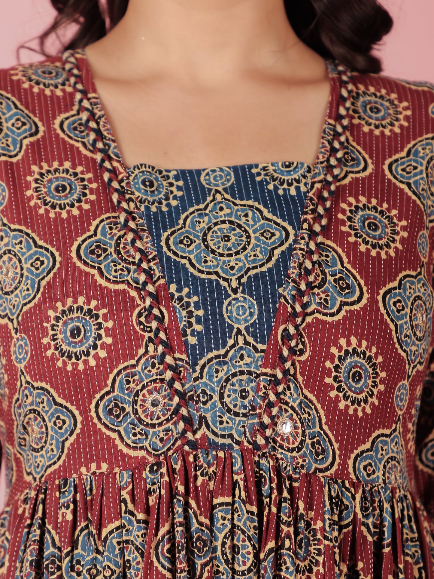 Embroidered Kantha Cotton Geometric Anarkali Rust Dress