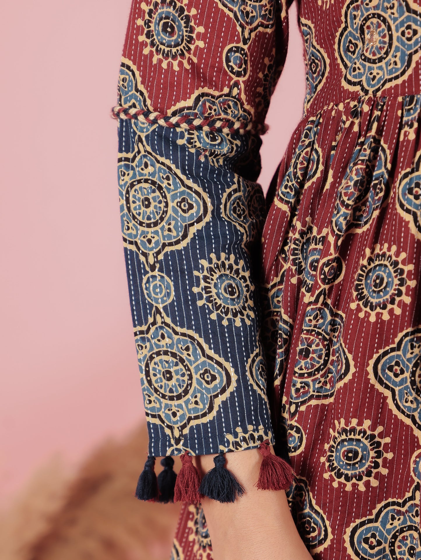 Embroidered Kantha Cotton Geometric Anarkali Rust Dress