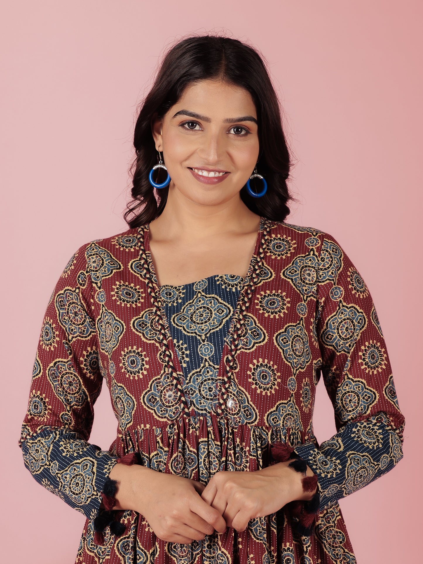 Embroidered Kantha Cotton Geometric Anarkali Rust Dress