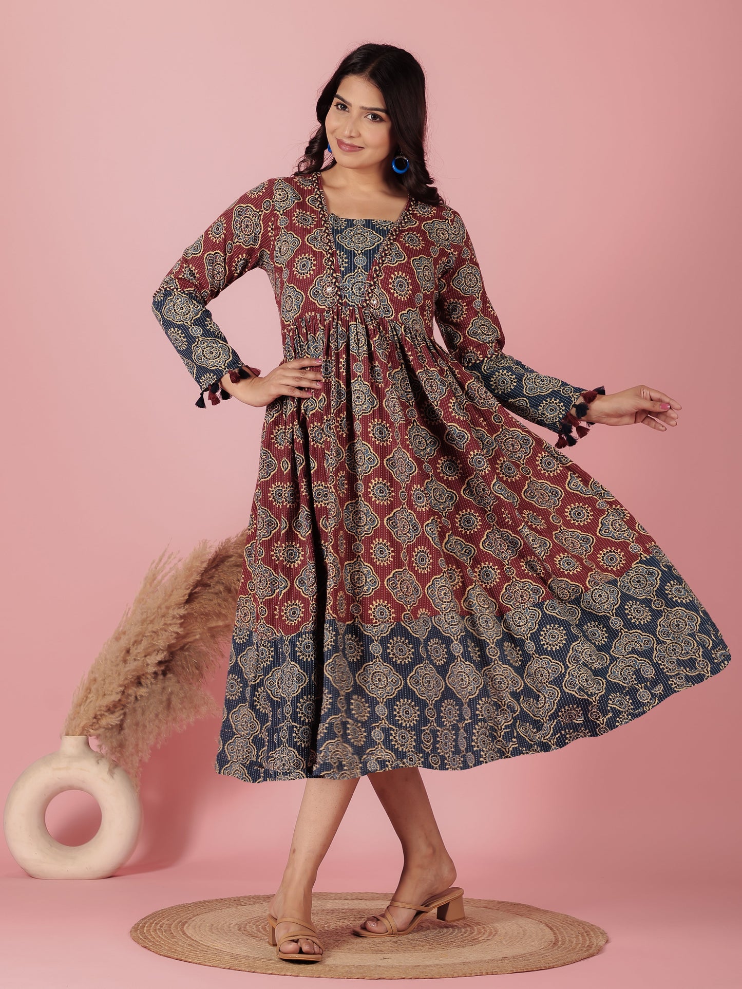 Embroidered Kantha Cotton Geometric Anarkali Rust Dress