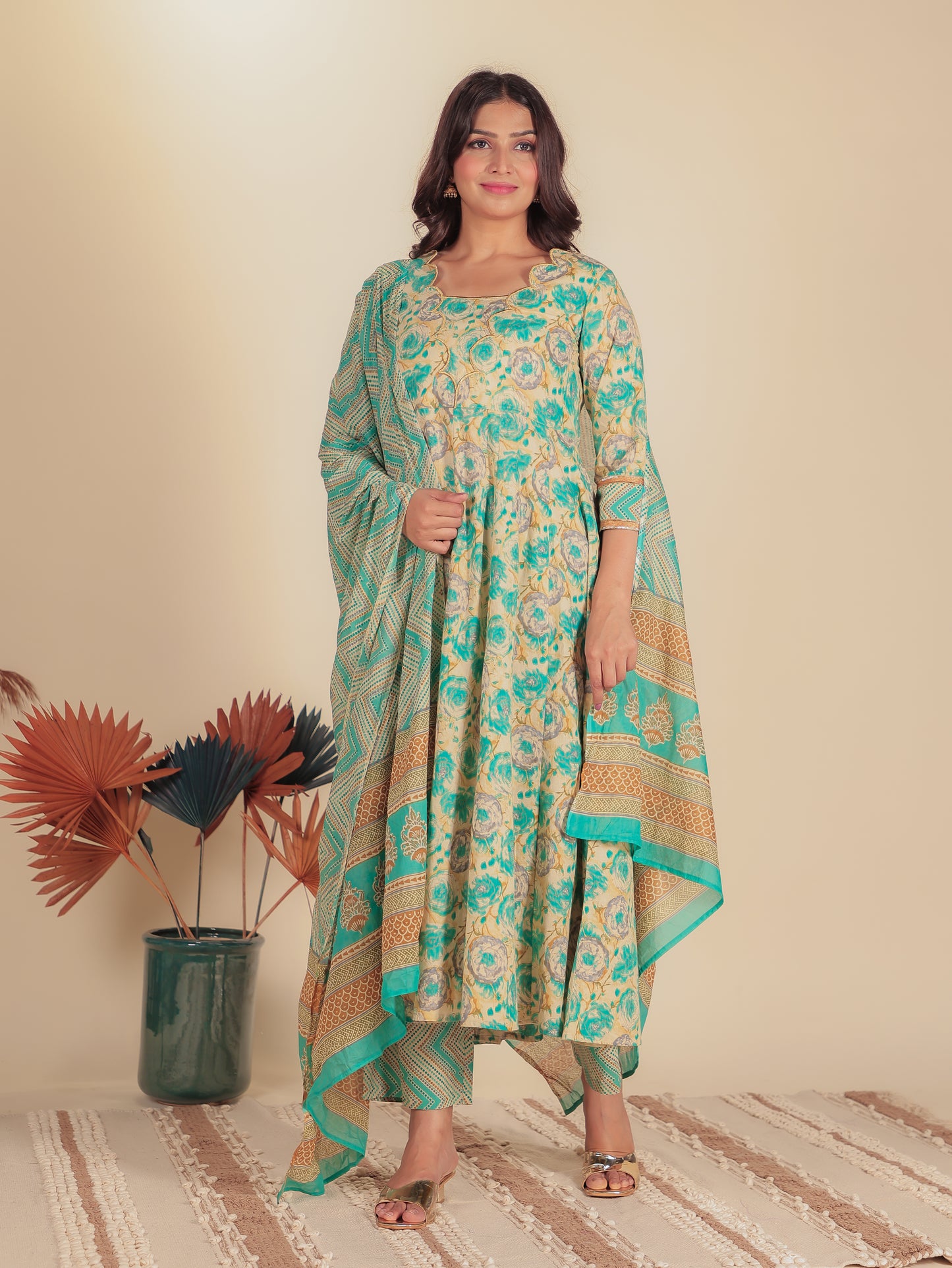 Embroidered Soft Cotton Floral Flared Blue Kurta