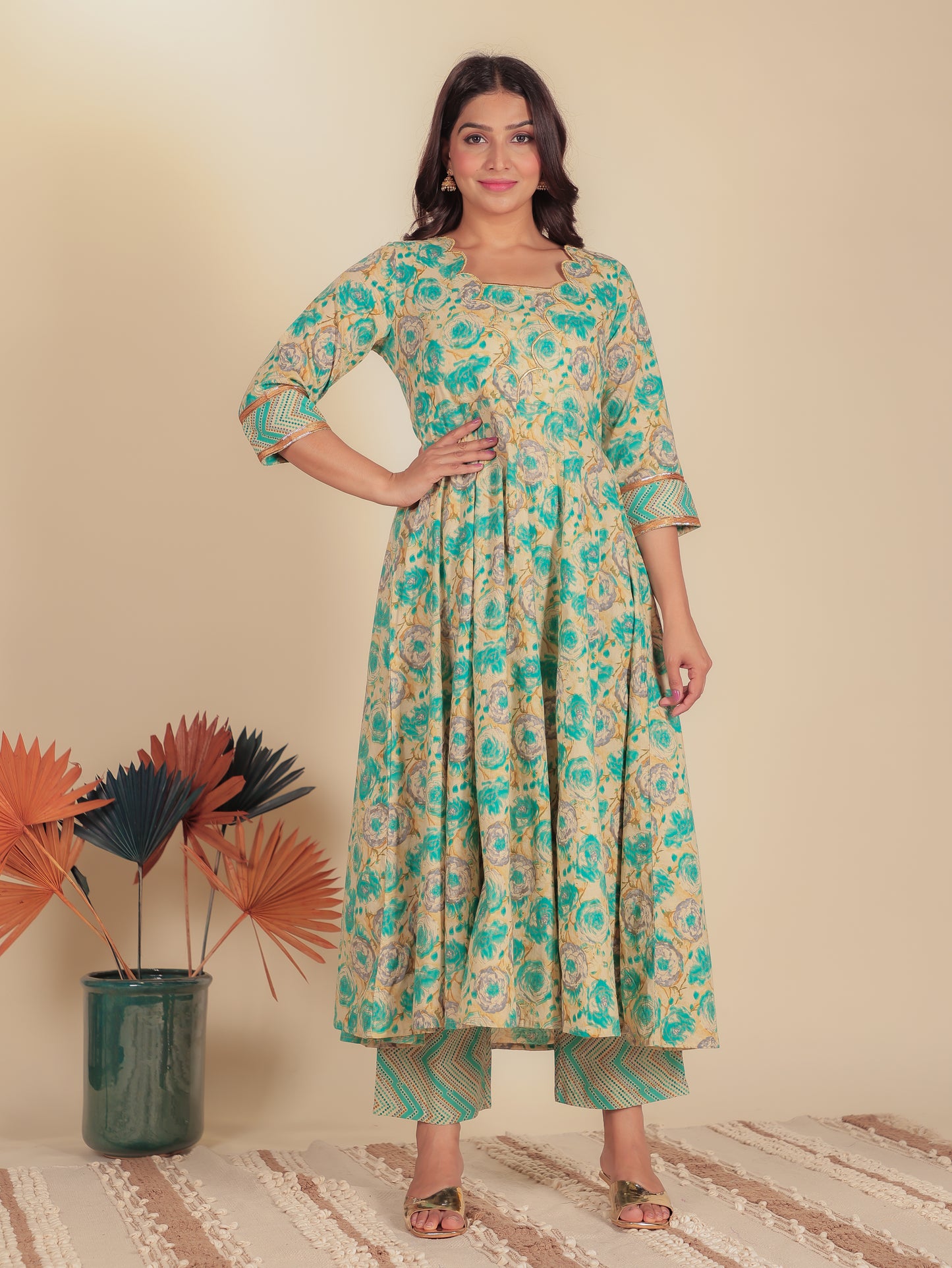 Embroidered Soft Cotton Floral Flared Blue Kurta
