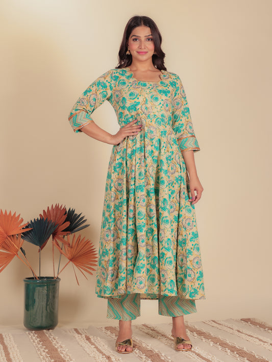 Embroidered Soft Cotton Floral Flared Blue Kurta